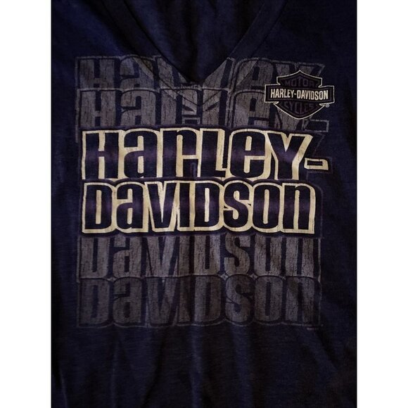 Harley Davidson Blue Short Sleeve V-Neck Top Shirt Large Indainapolis Southside - Picture 2 of 6